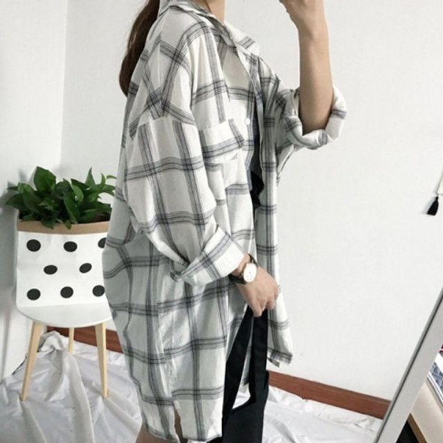 여성 체크 오버핏 기본 패턴 데이 롱 기장 여유 로운