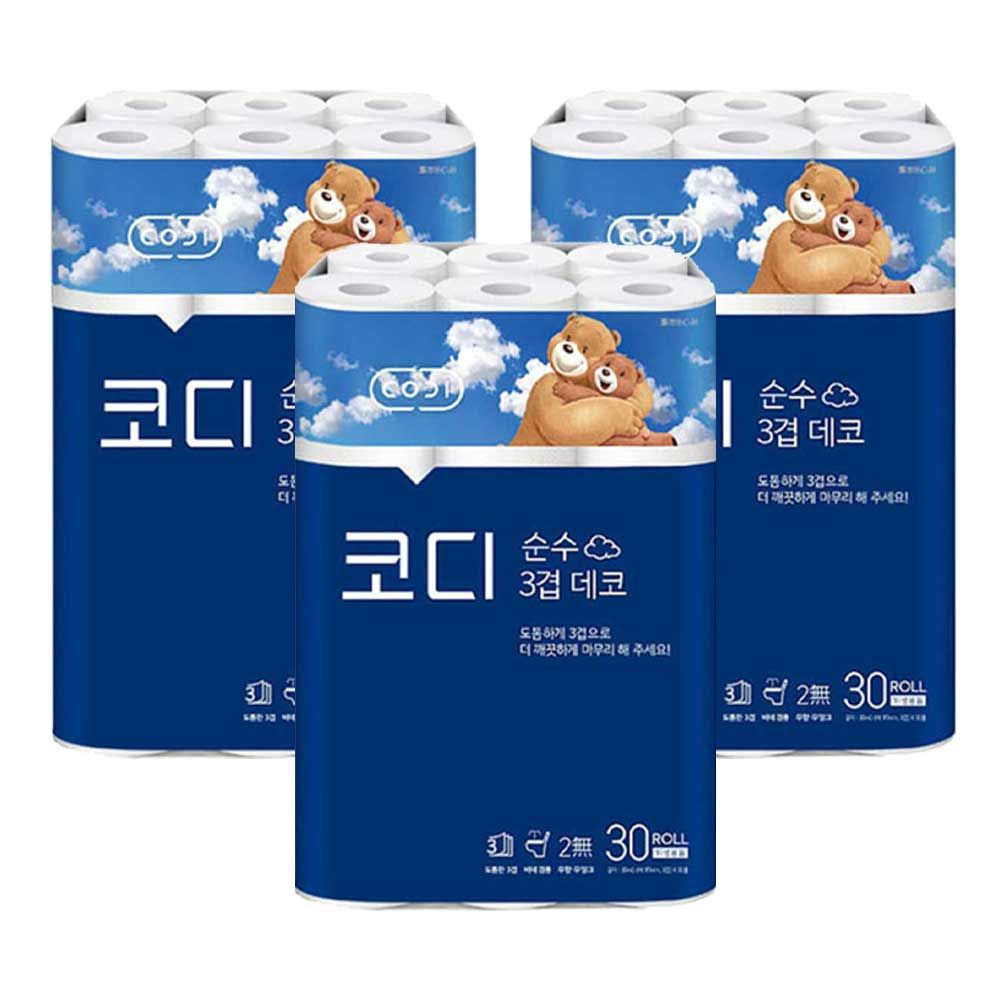 (무료배송)코디 데코순수 3겹 30롤 휴지x3개