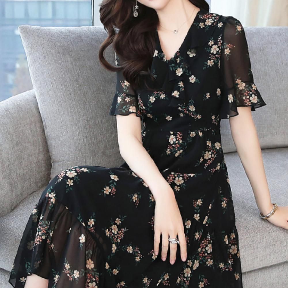 여성 데일리 바캉스 꽃무늬 A라인 프릴 반팔 롱 원피