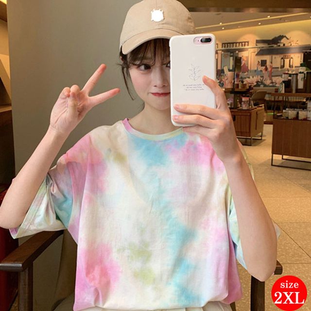 여성용 메리노 물감 나염 반팔 티셔츠 핑크(2XL)