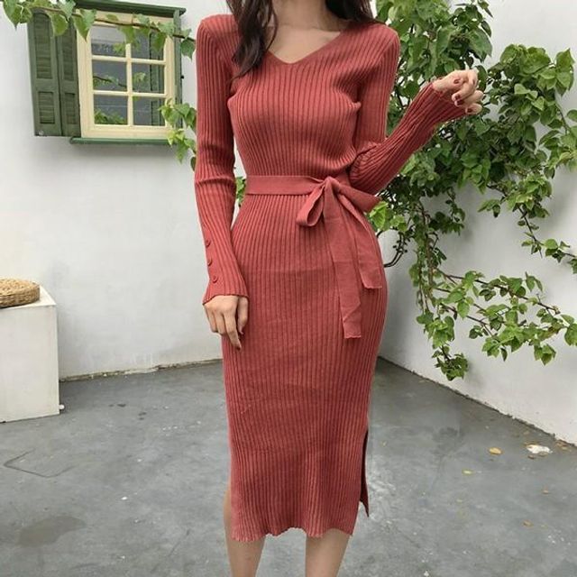 여성 슬림핏 골지 패턴 디자인 원피스