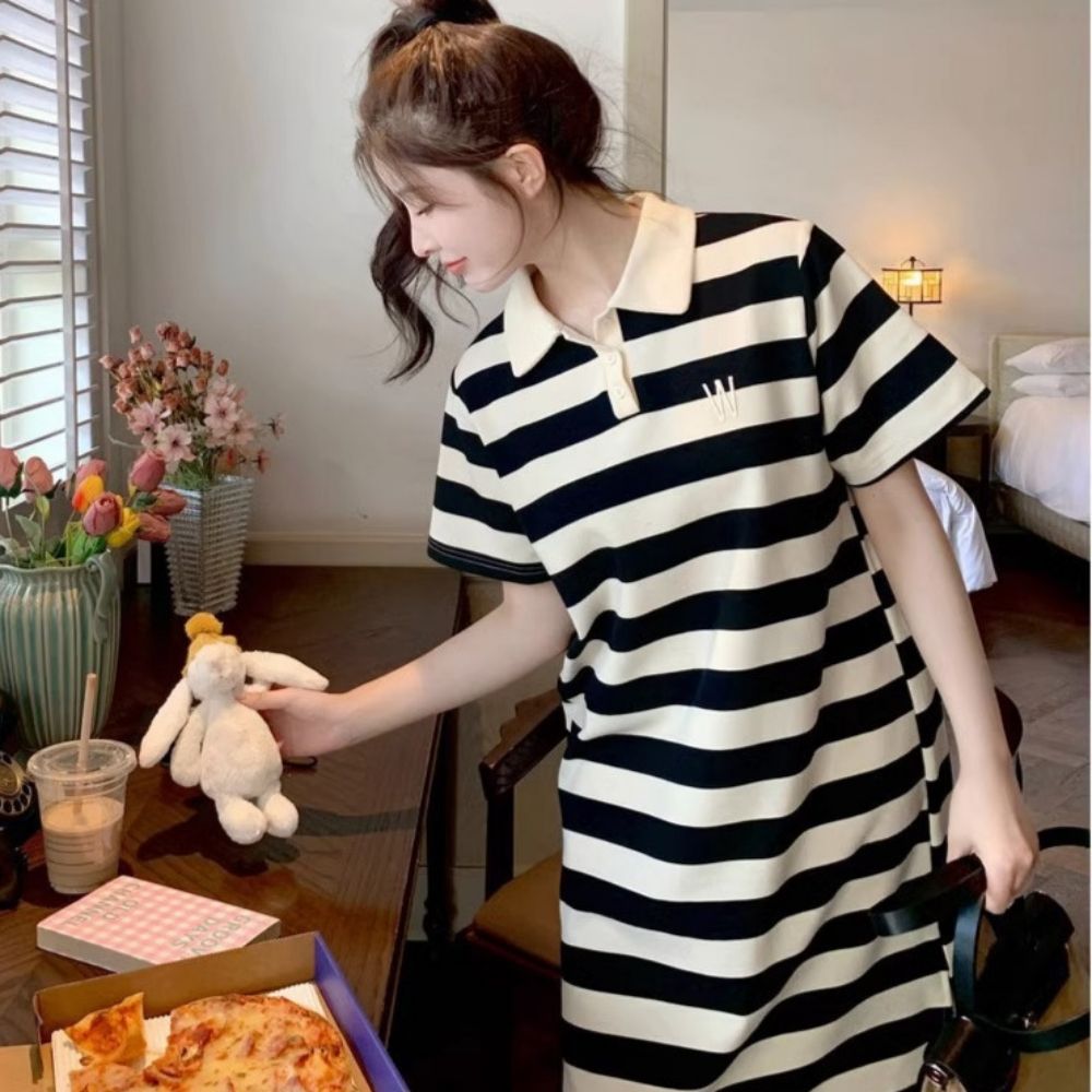 여성 여름 데일리 스트라이프 카라 원피스 미디원피스