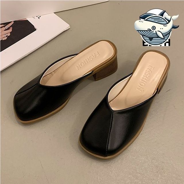 여성 레더 통굽 미들힐 뮬 블로퍼 세련된