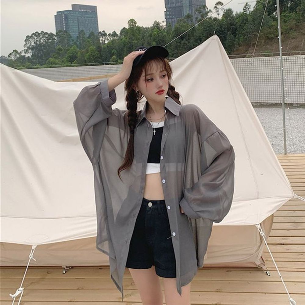 빅사이즈 비치룩 시스루 남자상의 여성블라우스셔