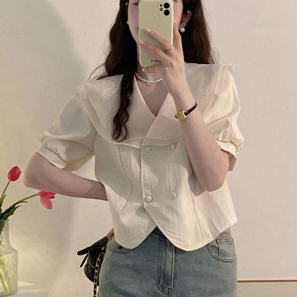 여성 자켓형 여름 반팔 블라우스 1P 빅카라 레이스 봄