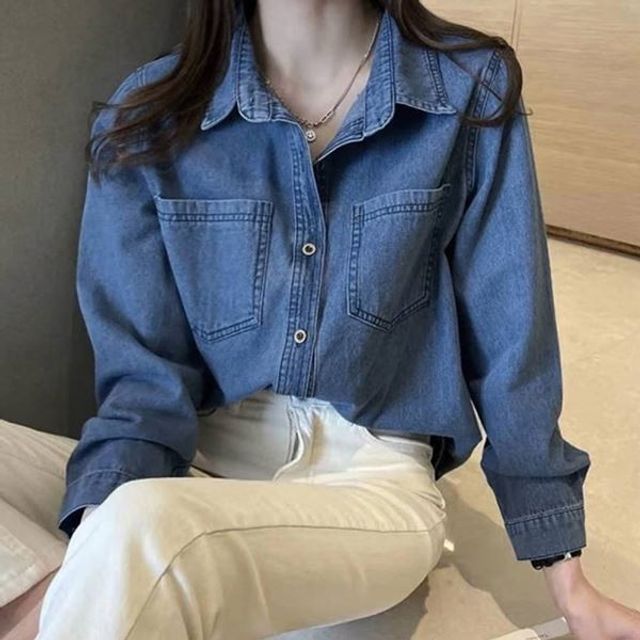 XL 셔츠 하프클럽 데님 X 포켓 카라 여성