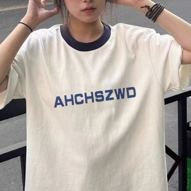 우먼즈 링거 라운드티 기본 오버핏 데이 레터링 반팔