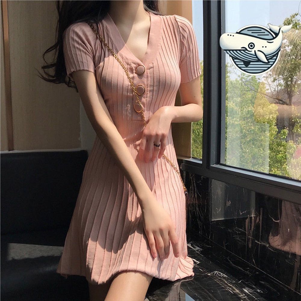 여성용 귀여운 버튼 미디 원피스 반팔 여름