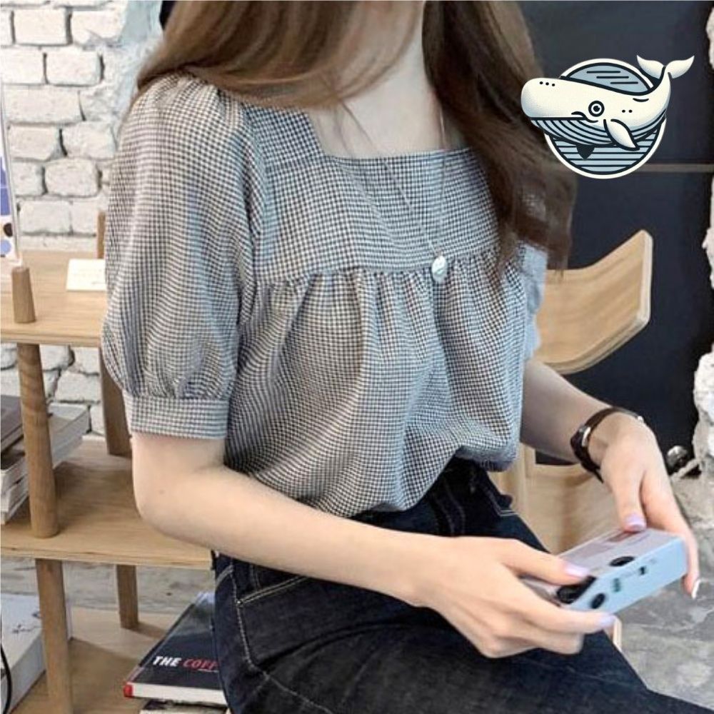 여름 여성 스퀘어넥 체크 반팔 블라우스 귀여운