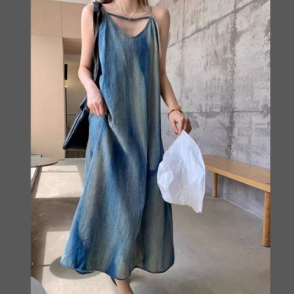 여성 나염 데님 V넥 끈나시 롱원피스 1P 바캉스 비치