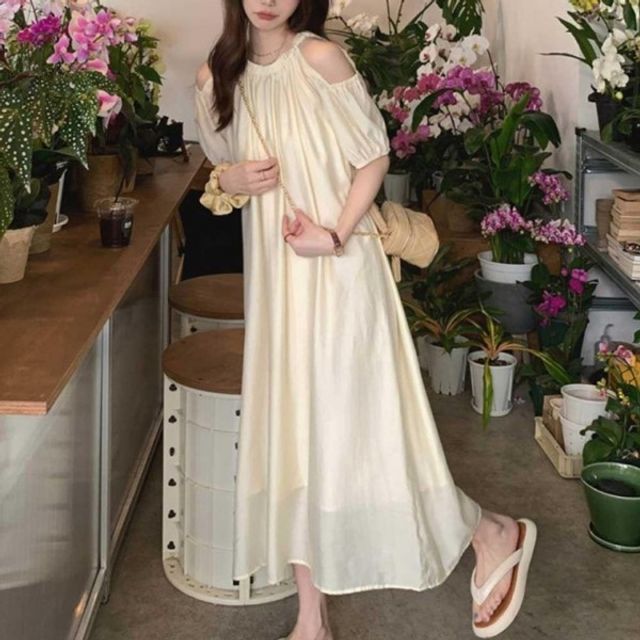 홀터넥 롱원피스 어깨트임 기본 소매끝 데이 밴딩 A라
