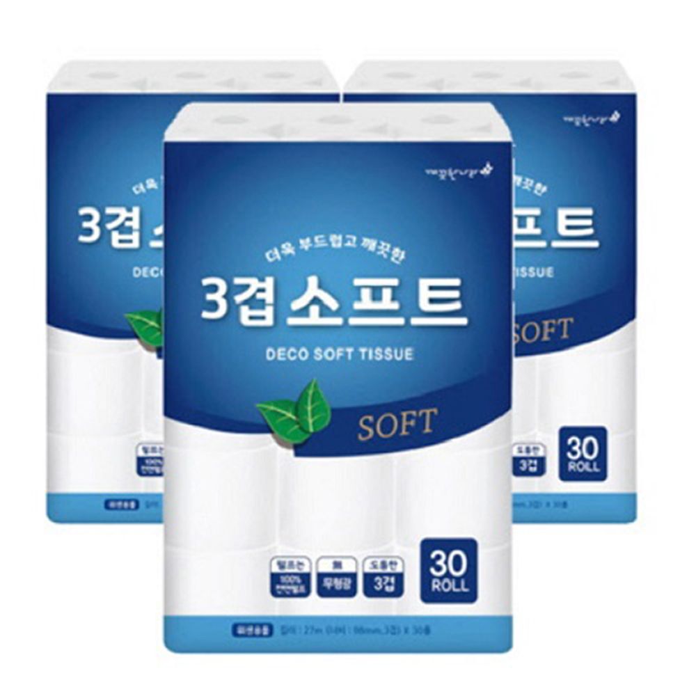 깨끗한나라 3겹 화장지 소프트 27m 30롤 3P 롤 휴지