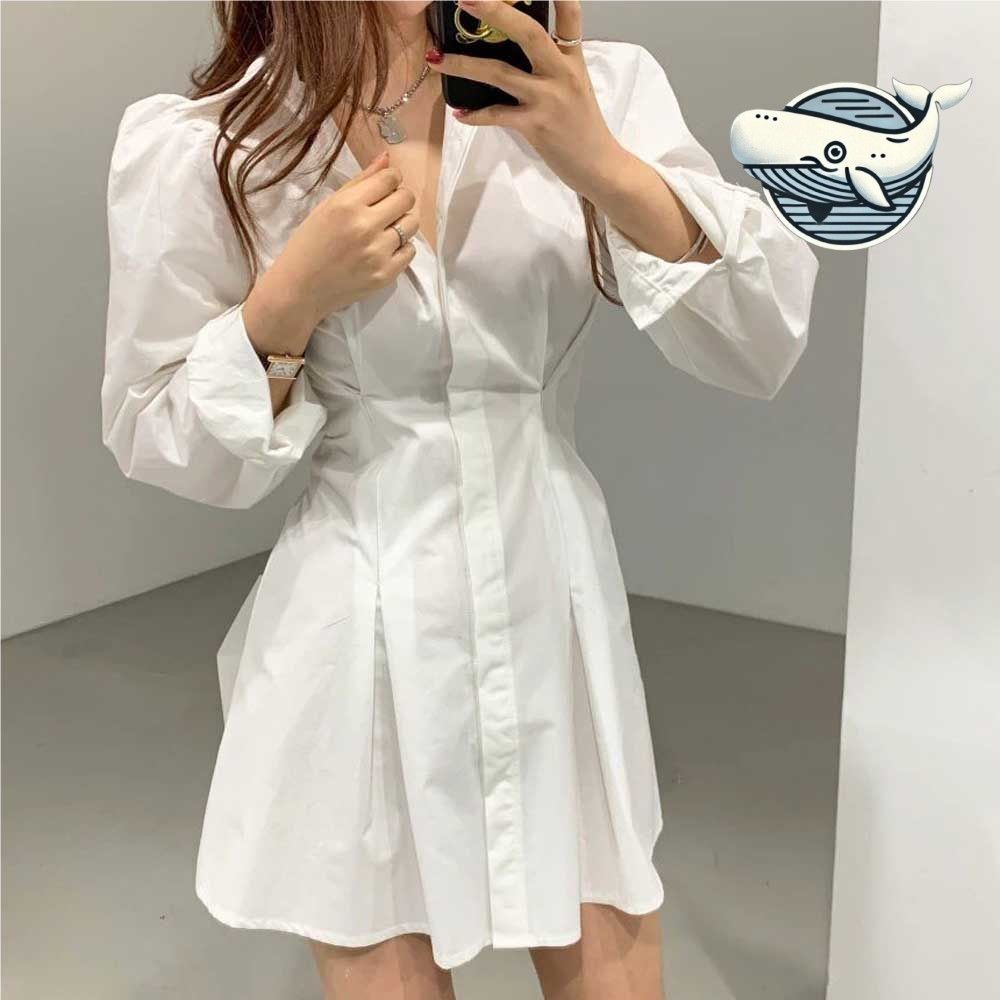 카라 단추 퍼프소매 여성 미니원피스 세련된