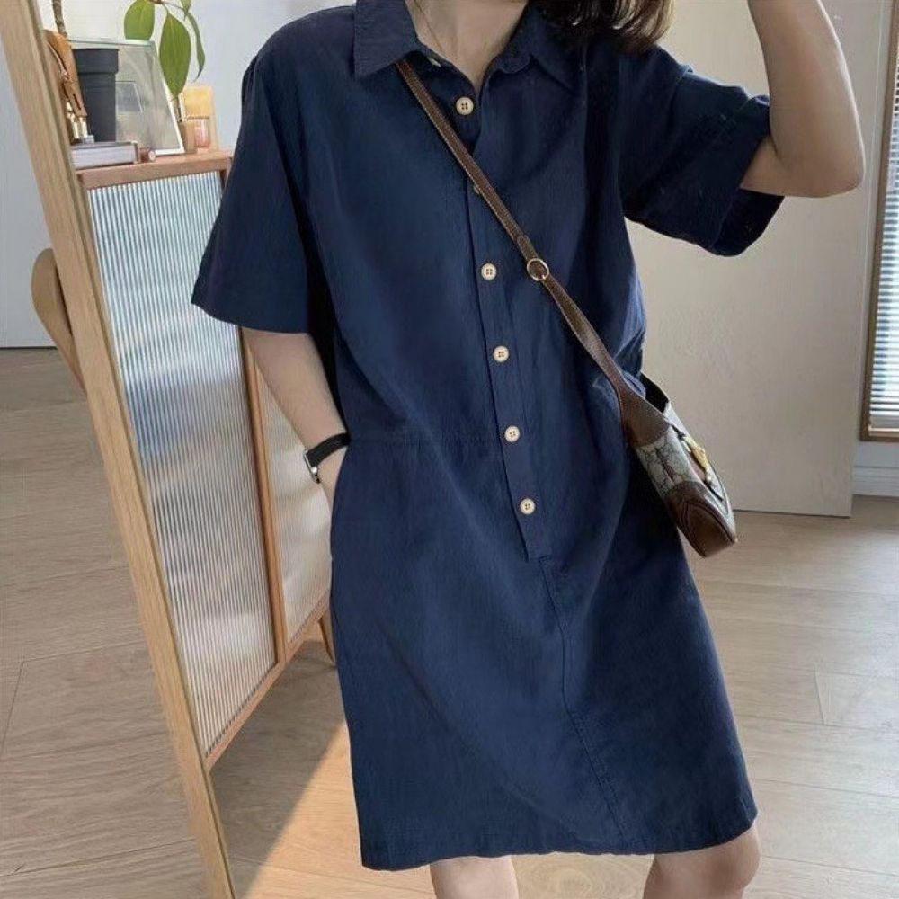 심플 카라 셔츠 원피스 반팔 여성 에센셜 버튼 30