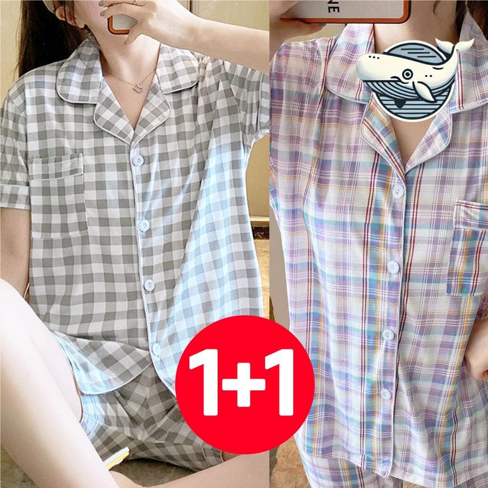 여성 여름 체크 나시 반바지 잠옷 라벤더