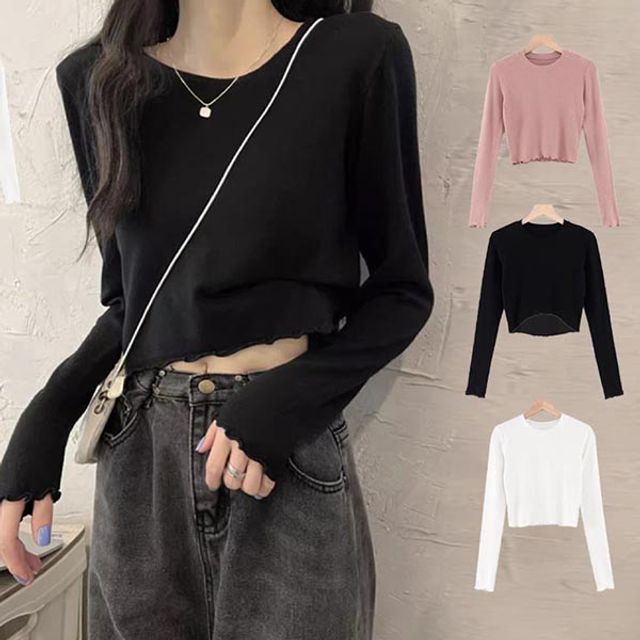 데일리 크롭 끝포인트여성 긴팔 티셔츠