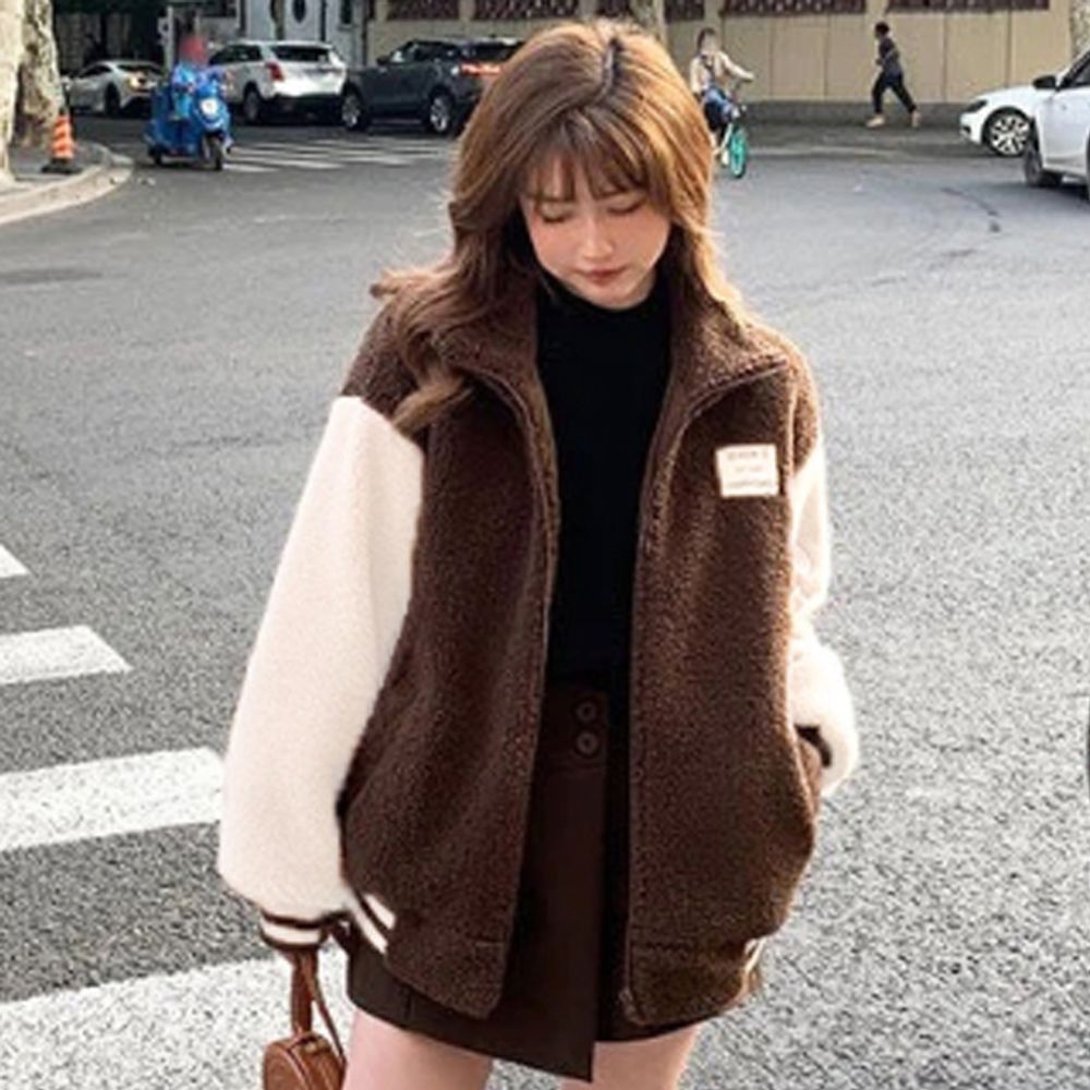 여성 하이넥 뽀글이 집업 자켓 1P 배색 간절기 아우터