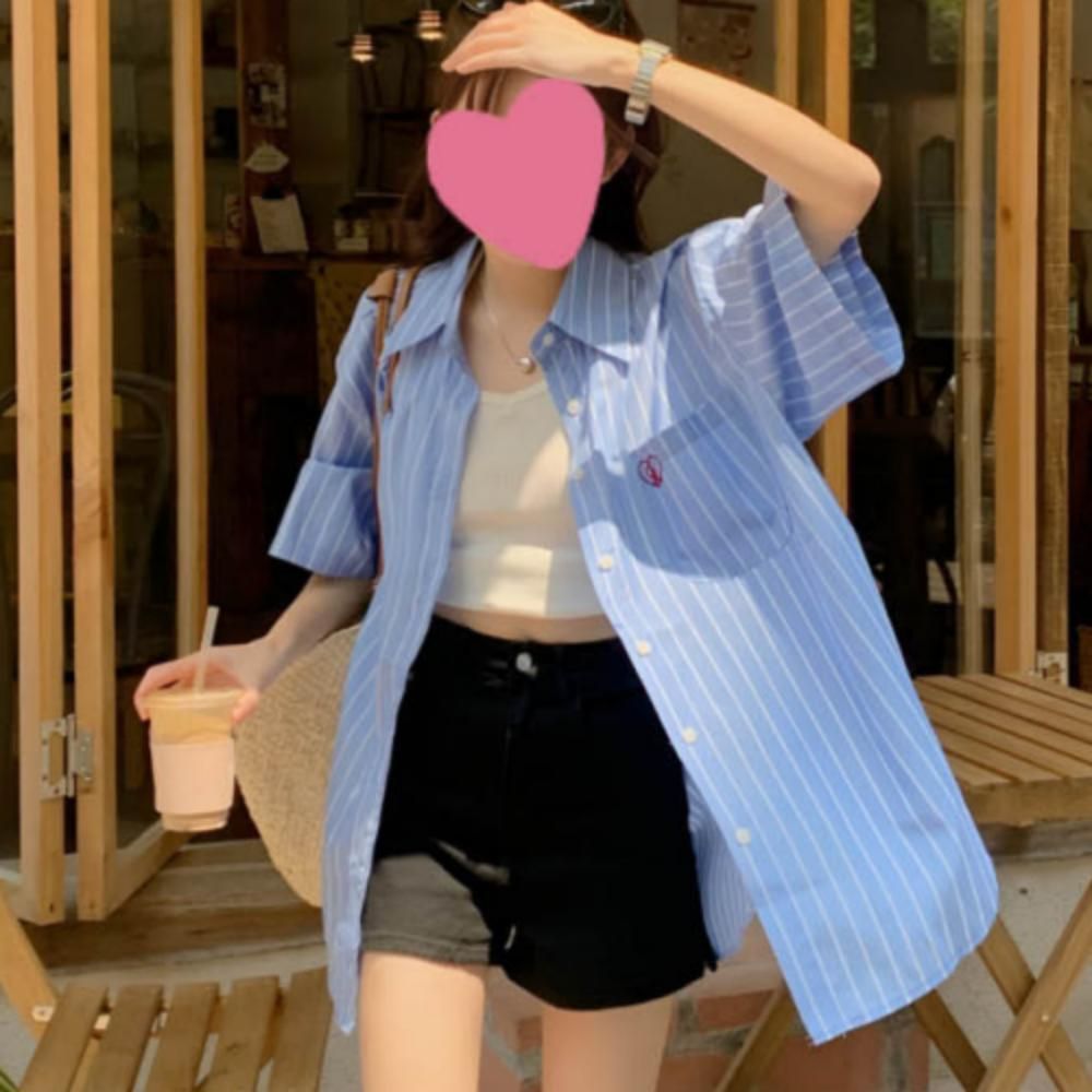 스트라이프 하트자수 여성 반팔 셔츠 여름 캐주얼