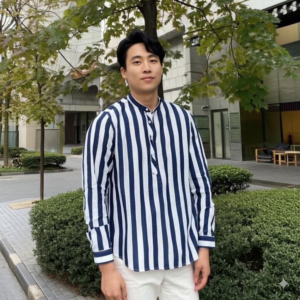 남성용 헨리넥 굵은 줄무늬 셔츠
