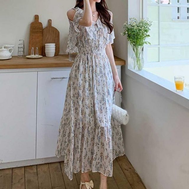 민소매 롱원피스 플라워 기본 어깨트임 데이 A라인 스