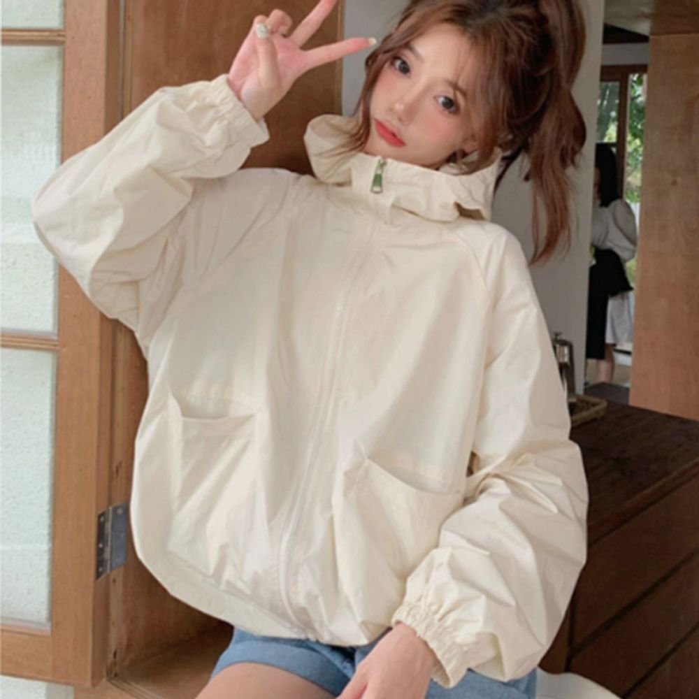 여성 하이넥 오버핏 집업 야상 1P 스트링 바람막이
