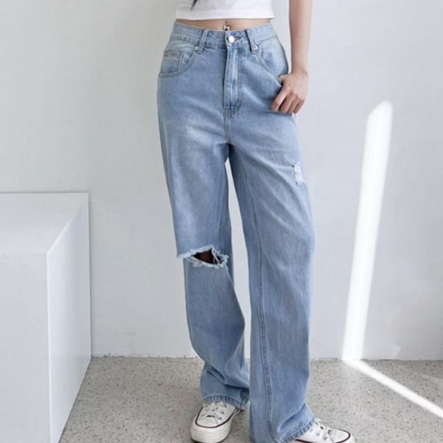 여성 데일리 캐주얼 빅사이즈 와이드 찢청 데님팬츠