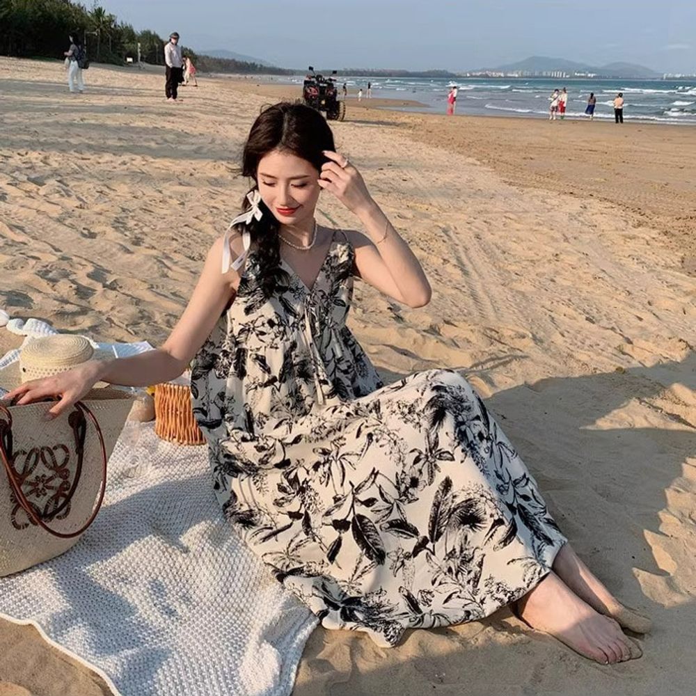 비치웨어 여름여행 플라워패턴 여성 끈나시 원피스