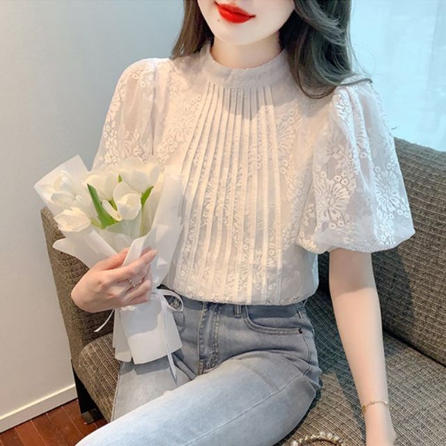 하객룩 출근룩 오피스룩 레이스 플리츠 반팔 블라우스
