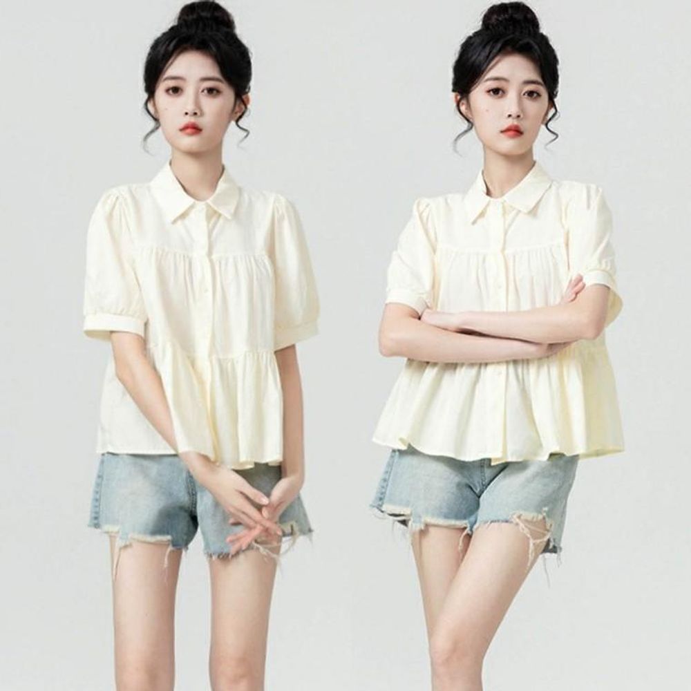 귀여운 여성 퍼프 셔링 반팔 블라우스 35 반팔 여성