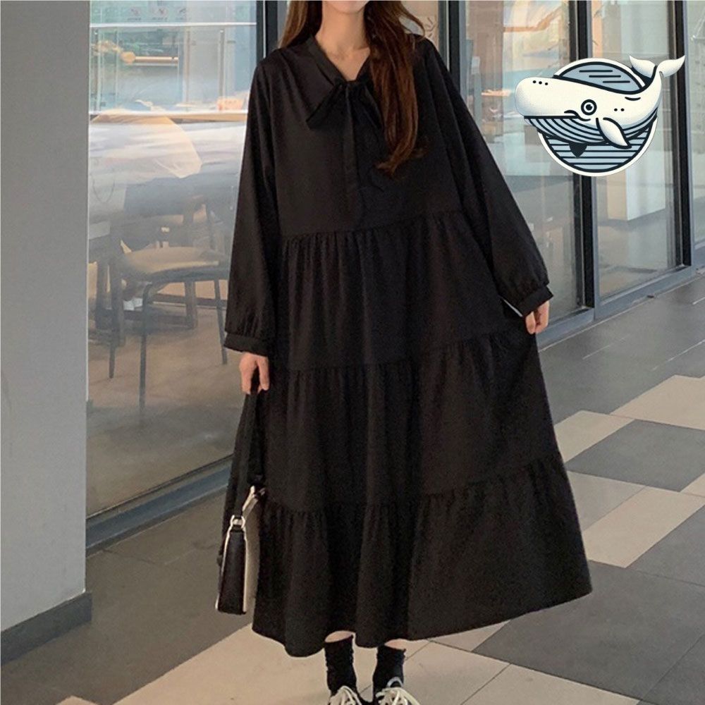 리본카라 오버핏 캉캉 롱 원피스 여름 데일리룩