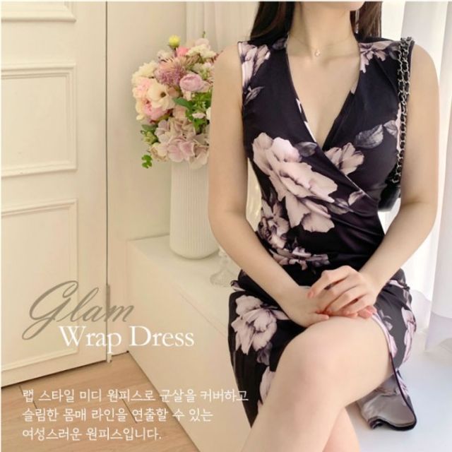 스커트 민소매 랩 기본 셔링 데이 플라워 미디 브이넥