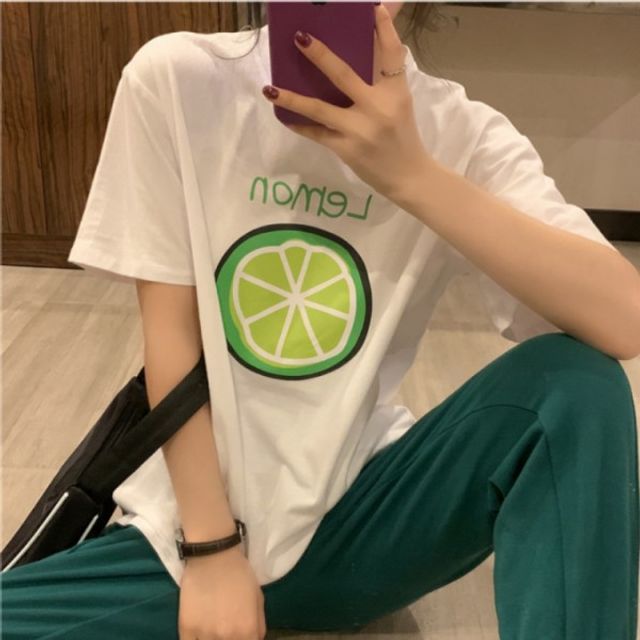 레몬 라운드 프린팅 기본 반팔 데이 티셔츠 캐주얼