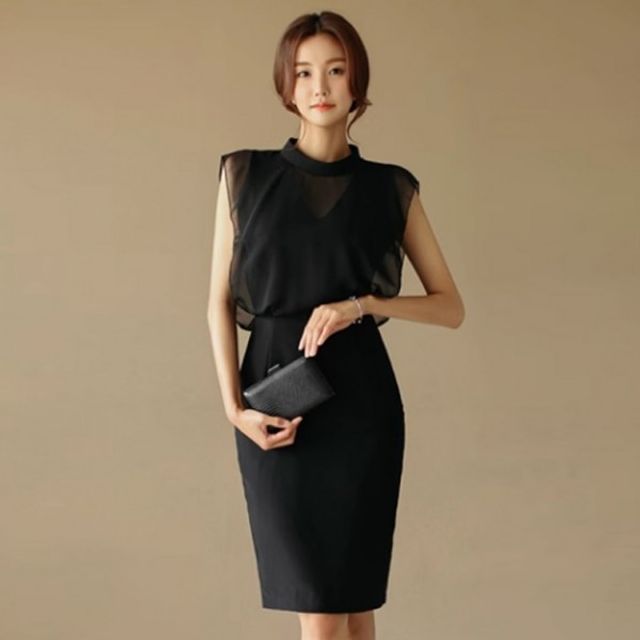 민소매 꾸안꾸 원피스 기본 프릴 데이 H라인 쉬폰 프