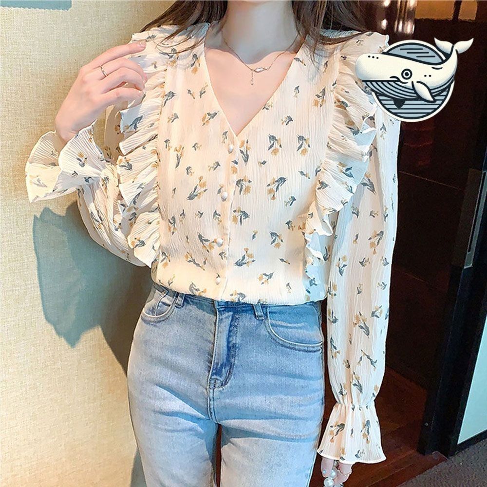 플라워 주름 브이넥 블라우스 소프트 리본 진주
