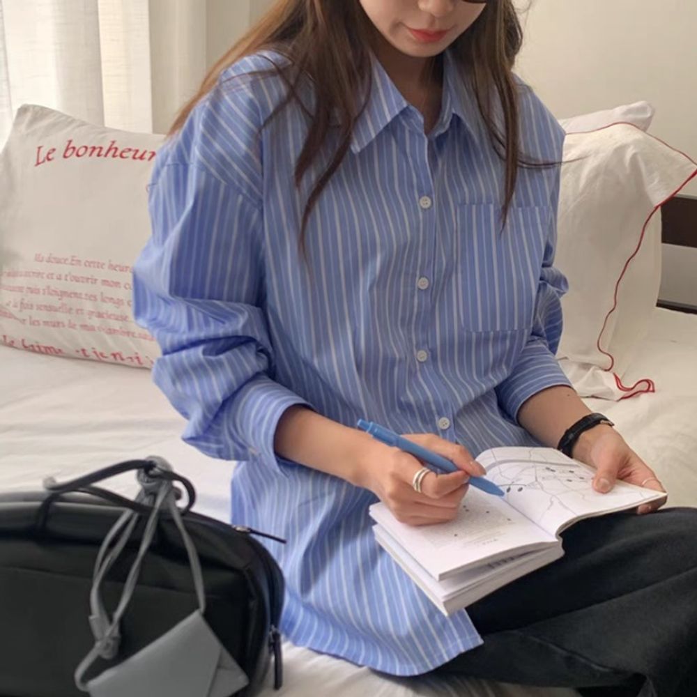 루즈핏 데일리 모던 남방 스트라이프 카라넥 셔츠