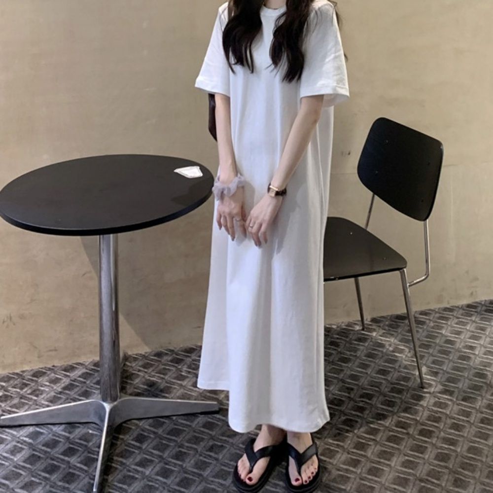 꾸안꾸 데일리용 심플 편안한 디자인 반팔 롱원피스