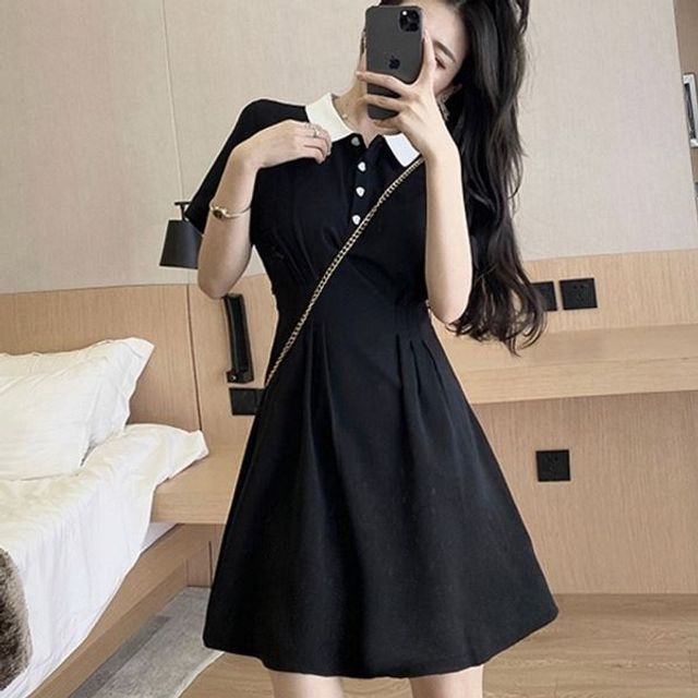 허리핀턱 반팔 하트단추 예쁜핏 여성 미니 셔