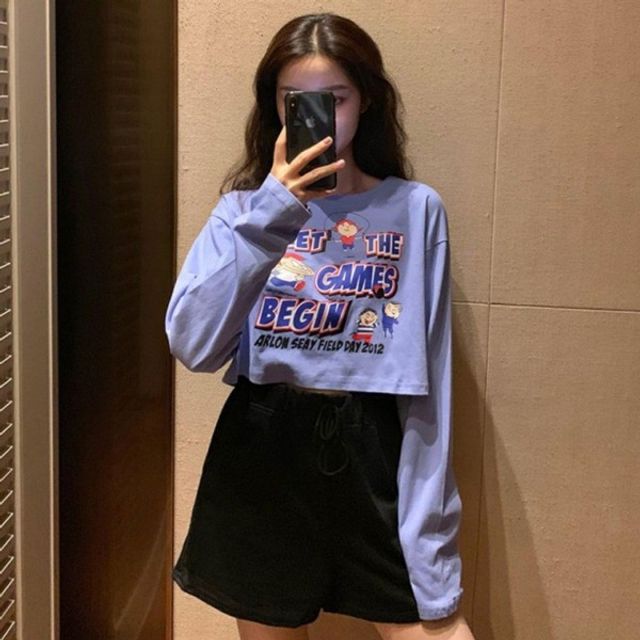 여성 프린팅 깜찍한 기본 포인드 데이 라운드 크롭 긴