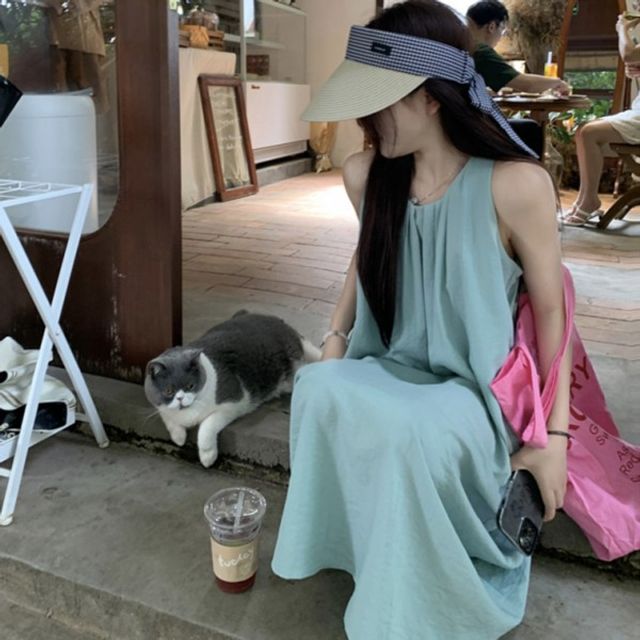 넥라인 주름 핀턱 기본 하늘하늘 데이 나시 롱원피스