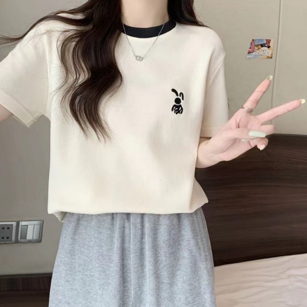 여름 토끼자수 데일리 코튼 여성 라운드넥 반팔티셔츠