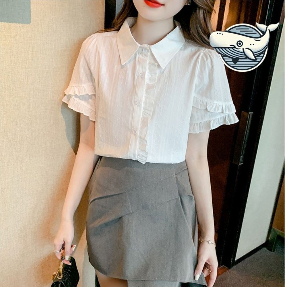 여성 여름 카라 블라우스 프릴 소매 반팔 셔츠