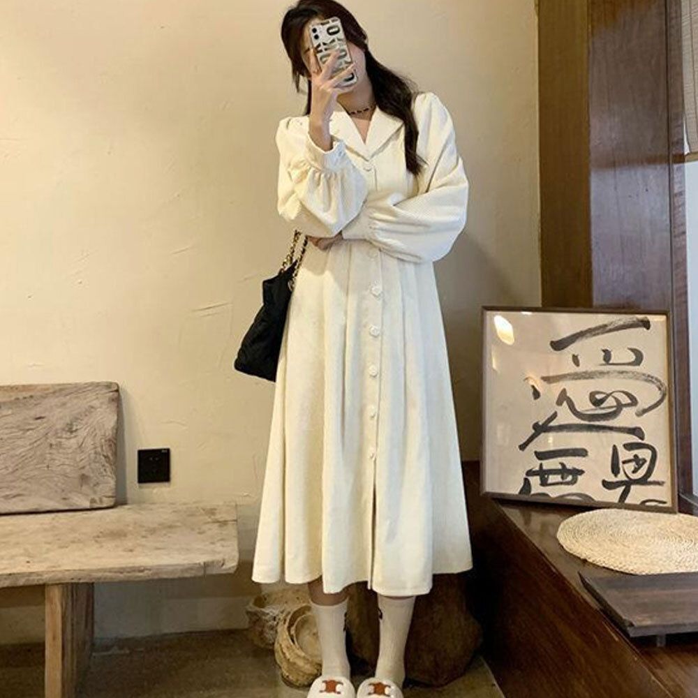 데일리 여성 데이트 모임 코디 카라넥 롱 원피스 치마