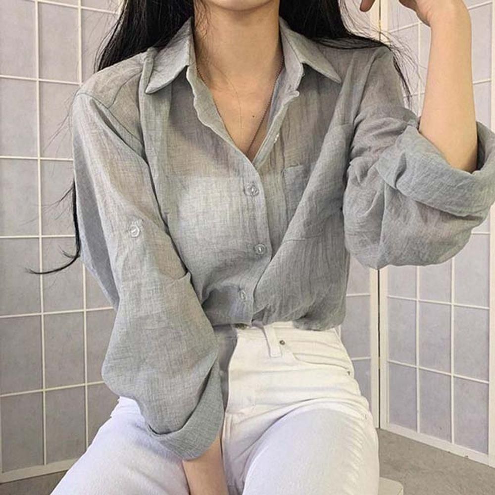 여성 여름 무지 긴팔 셔츠 1P 면 남방 바캉스룩