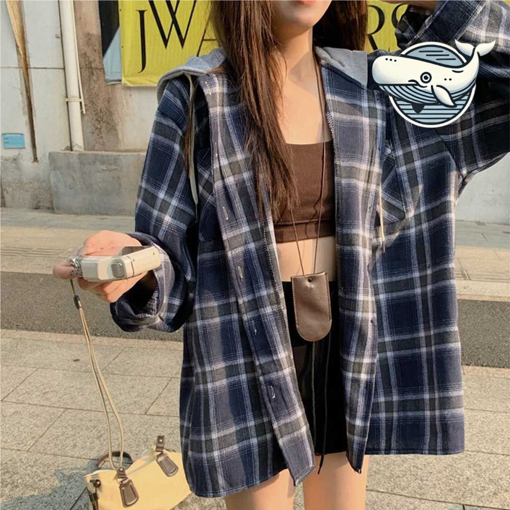배색 후드 체크 롱셔츠 아우터 군살커버