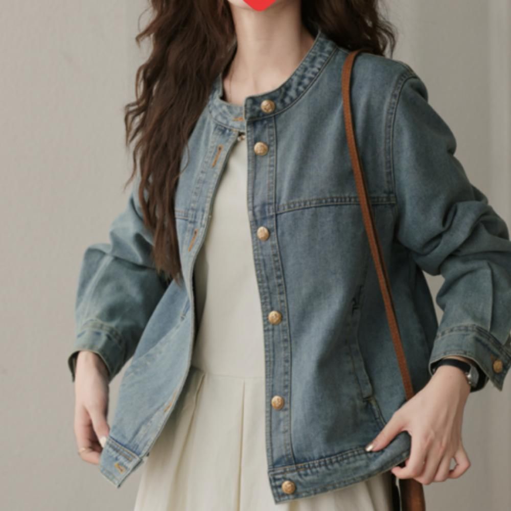 라운드넥 노카라 데님 데일리 청자켓 여성 캐주얼