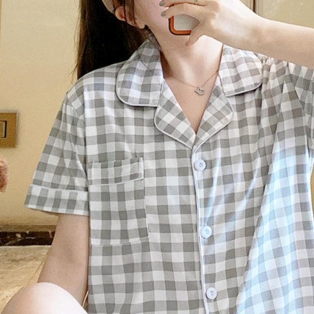 잠옷 파자마 홈웨어 여성 수면 2p 차콜곰 체크 그레이