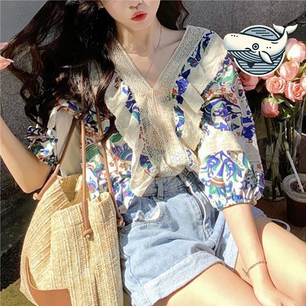 여름 프릴 브이넥 블라우스 여성 숏 슬리브