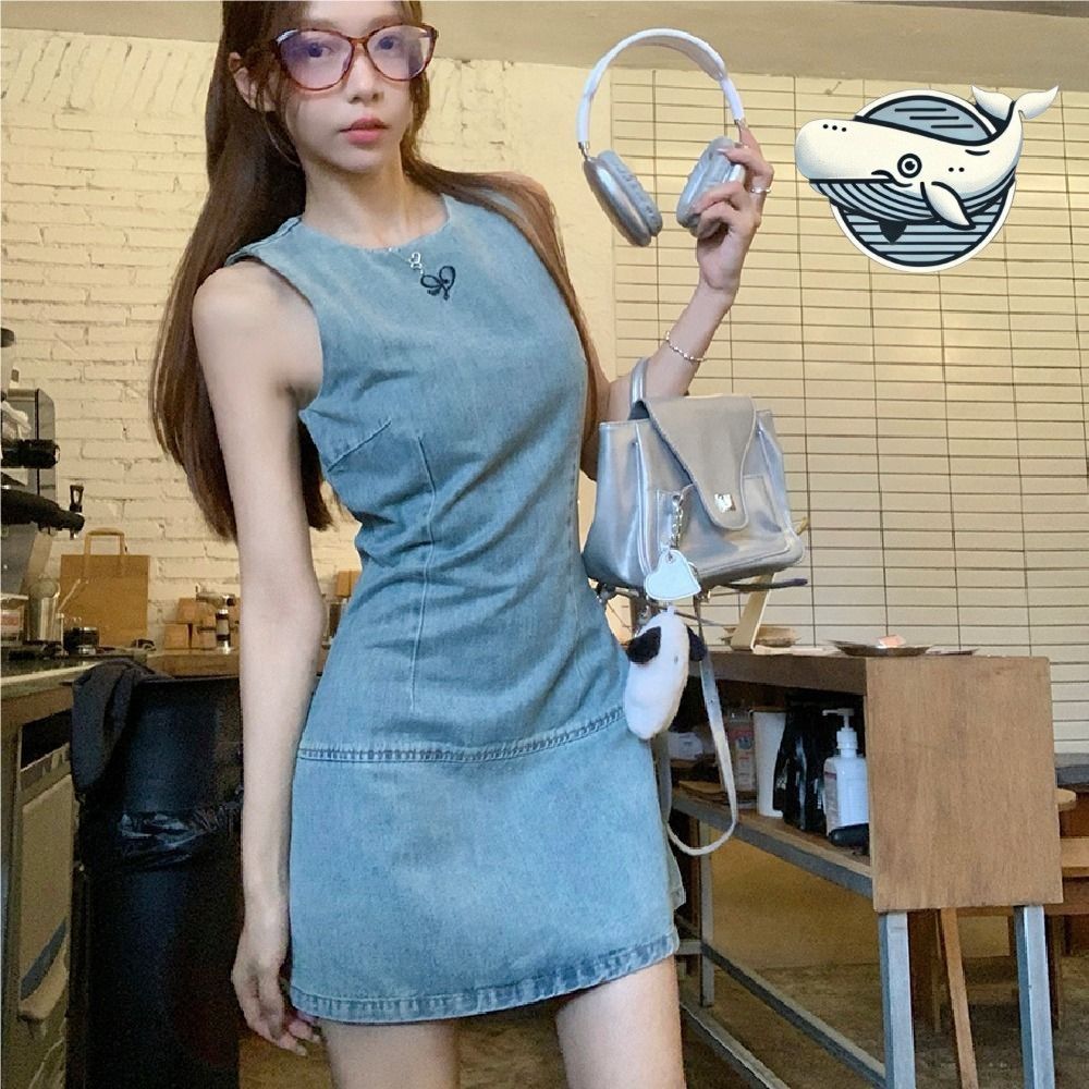 여름 편안한 데님 원피스 슬림핏 캐주얼 베이직