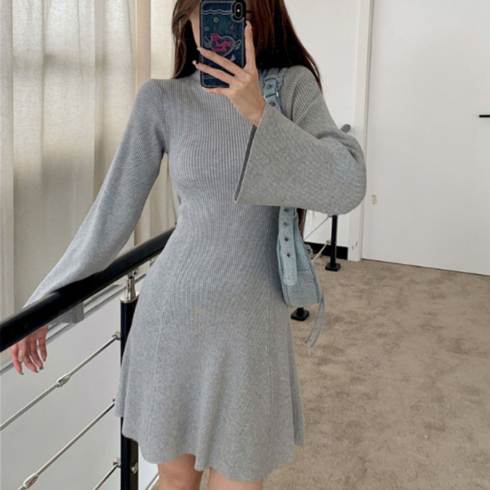 여성 슬림핏 골지 긴팔 미니 원피스 그레이 1P 나팔