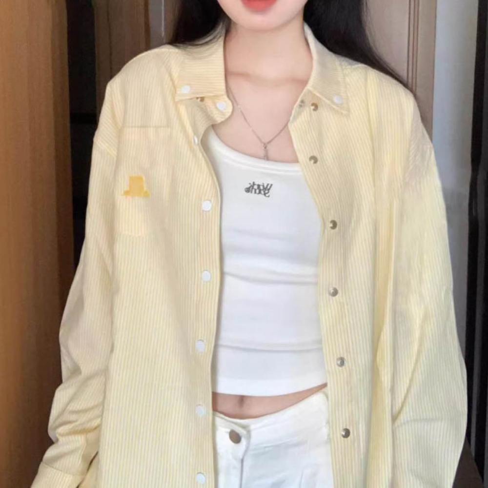 간절기 카라 스트라이프 자수 캐주얼 자켓 긴팔셔츠